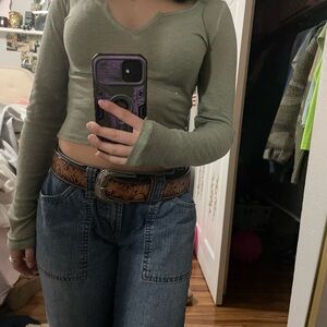 Olive Green Ribbed V-Neck Top